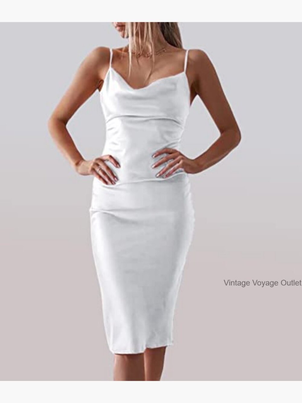 Sleeveless Spaghetti Strap Satin Midi Dress Cowl Neck Bodycon Party - Picture 2 of 5